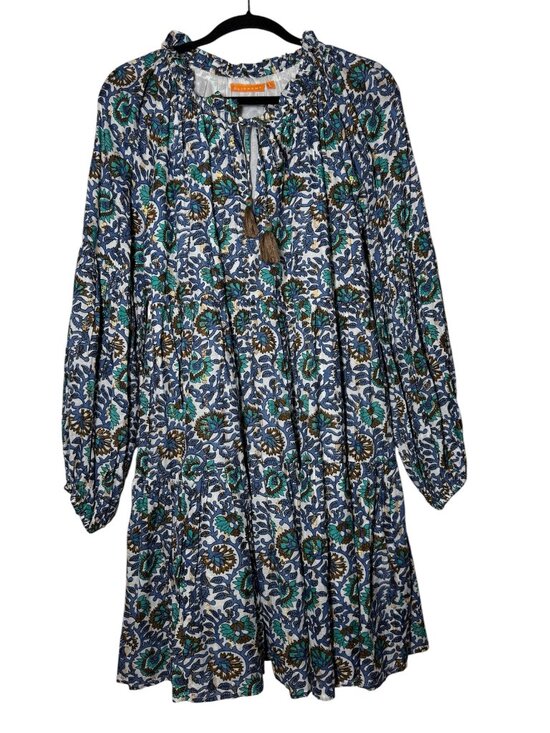 Oliphant Dresses & Skirts - Oliphant Balloon Sleeve Mini Dress Napa Blue Gold Green Size Large Tassels